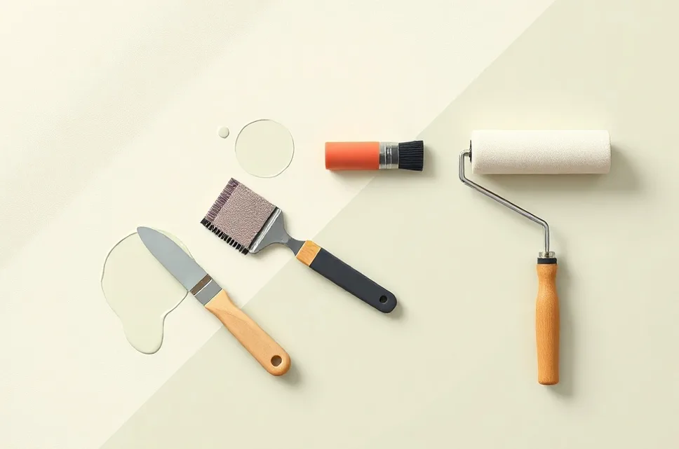 Outils de peinture disposés dans l'ordre des étapes du chantier