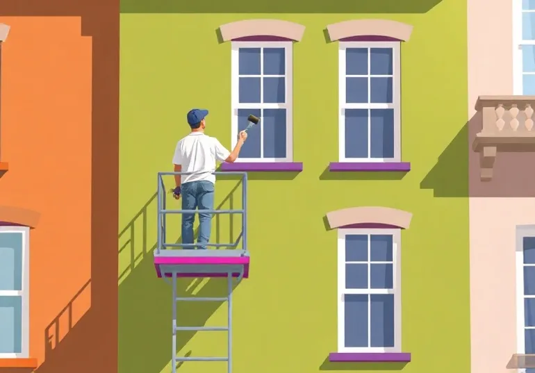 Peintre sur échafaudage traitant la façade d'une maison